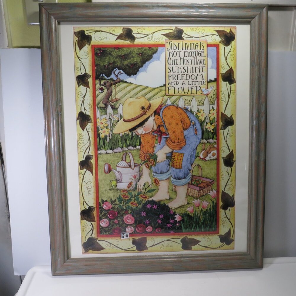 Mary Engelbreit "Just Living" Warm Gray Wood Frame w Glass Garden Theme